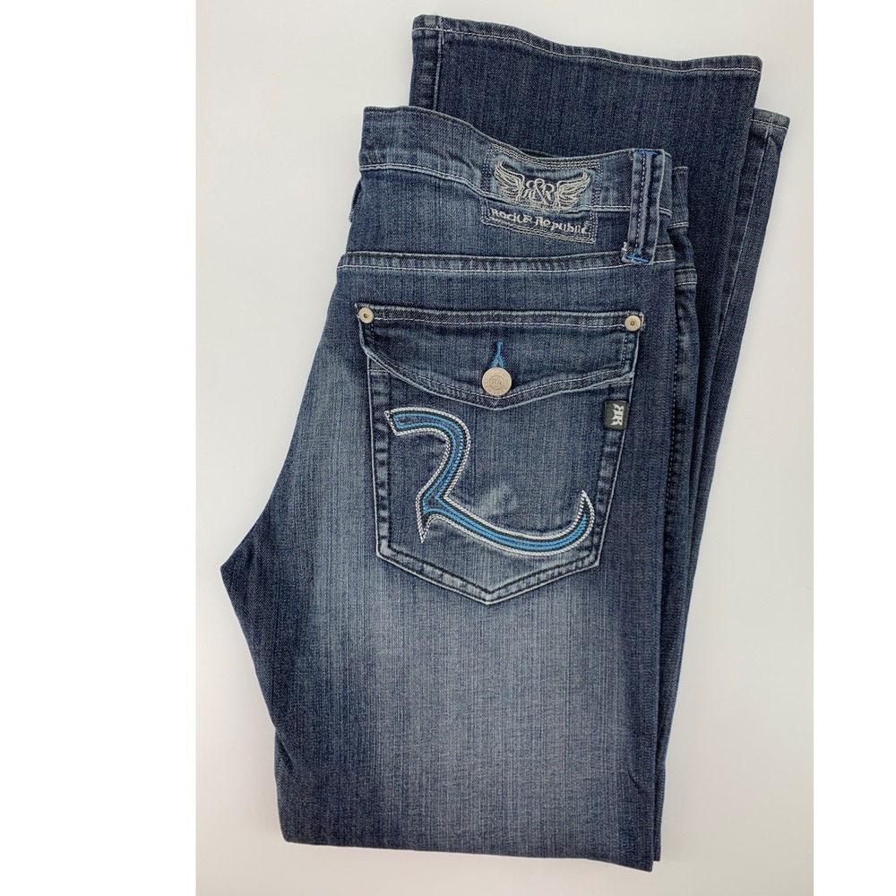 Rock & Republic‎ Jeans Mens 40 Blue Taylor Embroidered Y2K Flap Pocket Fade